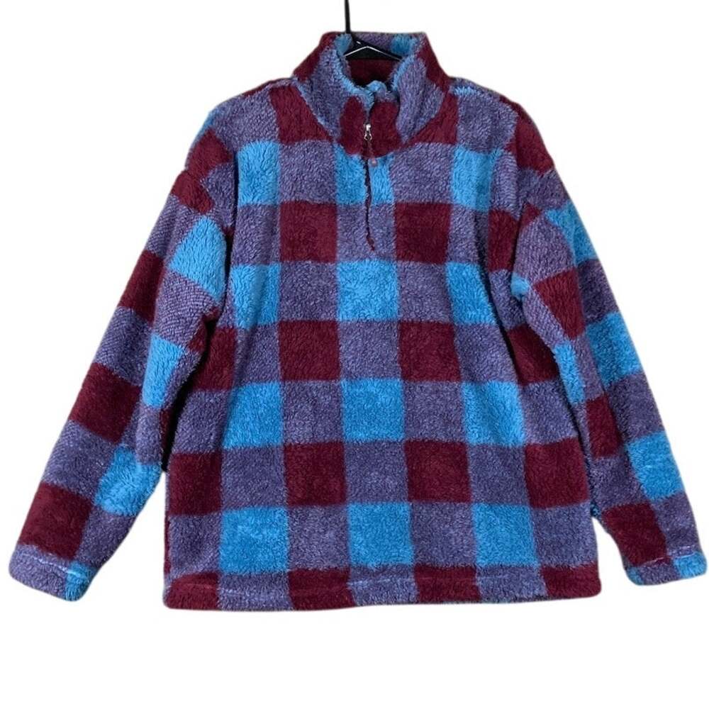 Eddie Bauer Womens Sweater Maroon Blue Plaid Ultra Soft 1/4 Zip Plush Fleece L